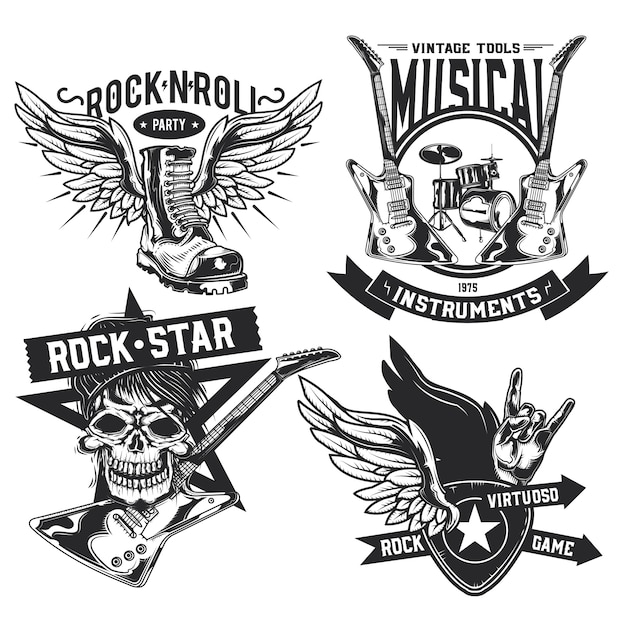 Set di elementi rock (teschio, stivale, batteria, ali, chitarra, plettri) emblemi, etichette, distintivi, loghi.
