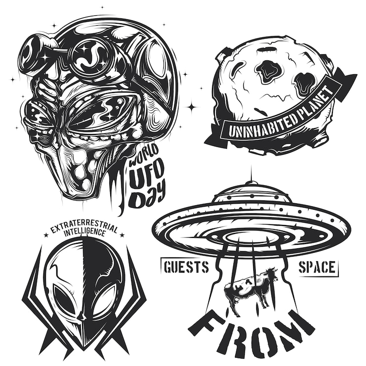 Vettore gratuito set di elementi ufo (alieni, disco volante, pianeta ecc.) emblemi, etichette, distintivi, loghi.