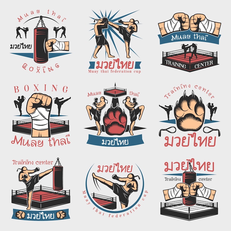 Vettore gratuito set di emblemi colorati kickboxing