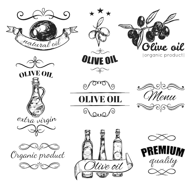 Set di emblemi di olio d'oliva disegnati a mano