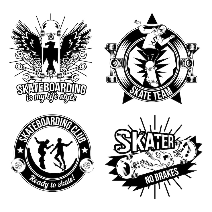 Vettore gratuito set di emblemi di skateboard, loghi. isolato su bianco
