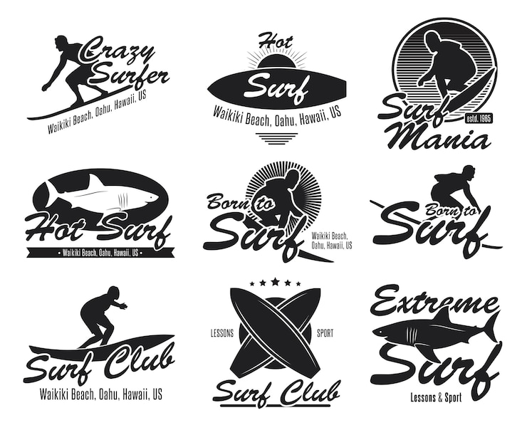 Vettore gratuito set di emblemi piatti diversi club di surf. logo nero o segni con tavola da surf, surfista, squalo, raccolta di illustrazione vettoriale onda. estate, viaggi, hawaii e design