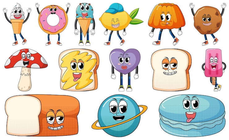 Vettore gratuito set di espressioni facciali con cartoni animati di cibo in stile vintage su briciolo