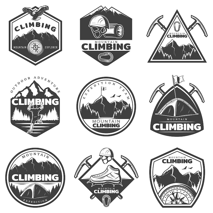 Vettore gratuito set di etichette di arrampicata in montagna monocromatiche vintage