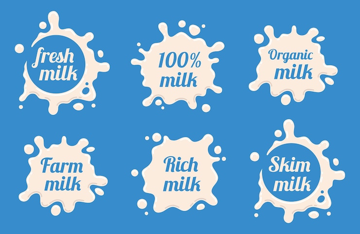Vettore gratuito set di etichette di latte. splash and blot design, forma creativa