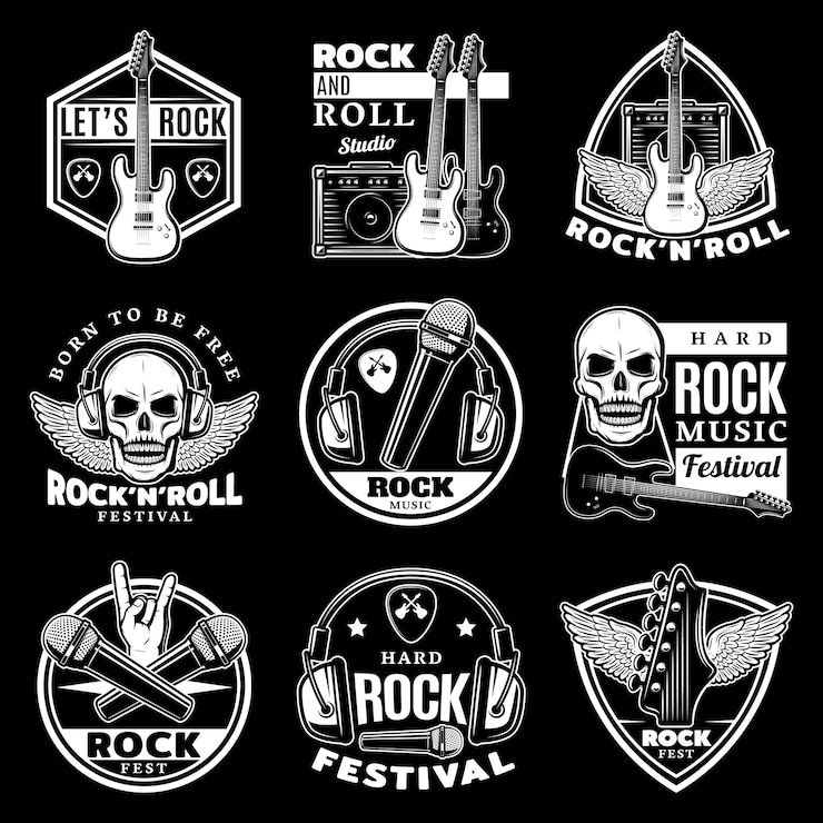 Vettore gratuito set di etichette di musica hard rock vintage