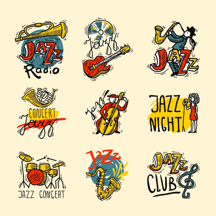 Vettore gratuito set di etichette jazz