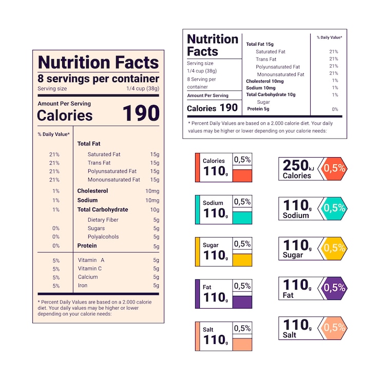 Vettore gratuito set di etichette nutrizionali design piatto
