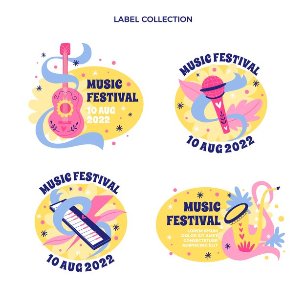 Set di etichette per festival musicali colorati disegnati a mano
