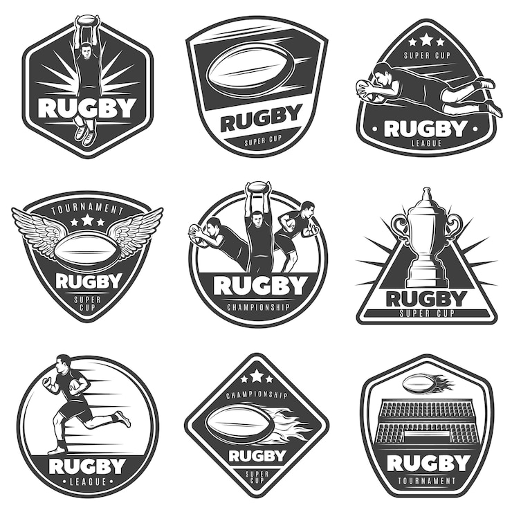 Vettore gratuito set di etichette rugby monocromatiche vintage