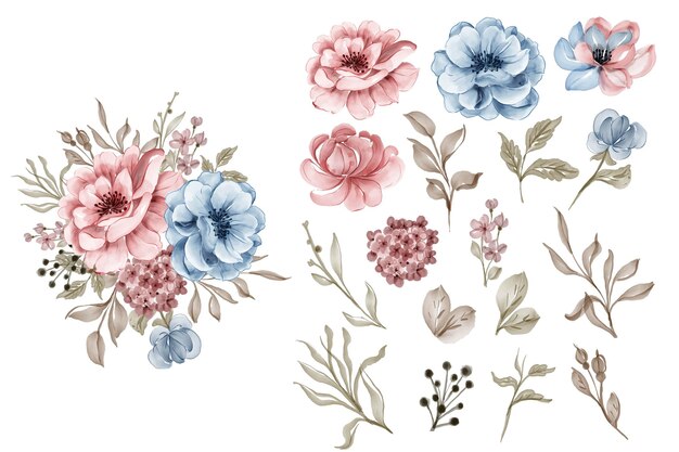 Set di fiore rosa blu e foglia isolato clip-art