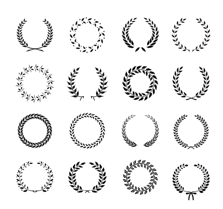 Set di foliate di alloro circolare sagoma in bianco e nero e ghirlande di grano raffiguranti un risultato di premio