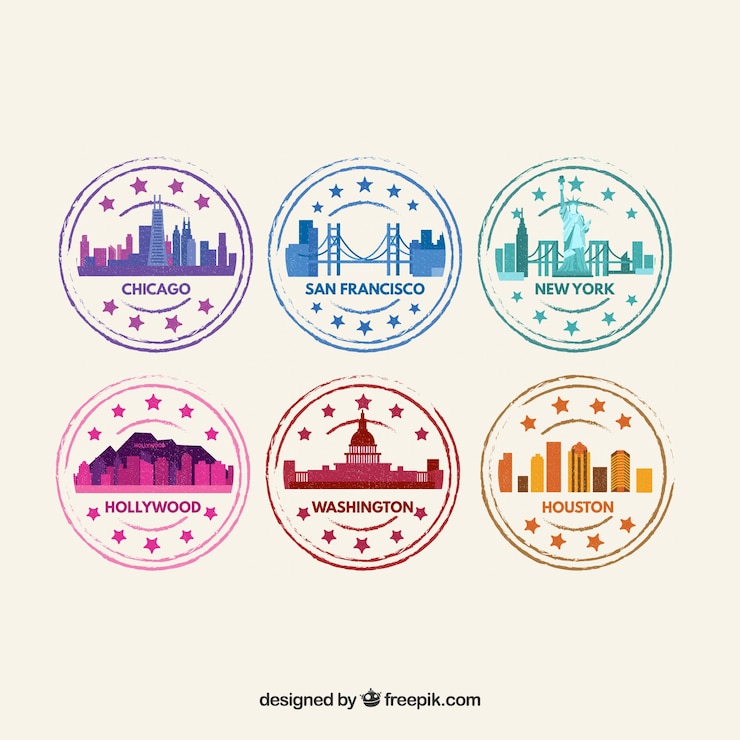 Vettore gratuito set di francobolli colorati della città in disegno piatto