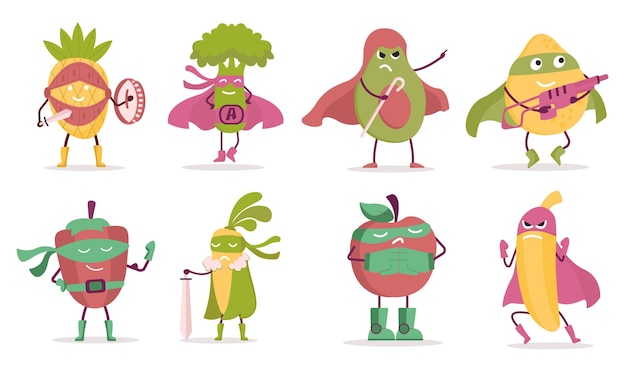 Set di frutta e verdura con vari costumi da eroe e attività nel personaggio dei cartoni animati, design grafico per mascotte, volantino banner o adesivo, illustrazione vettoriale