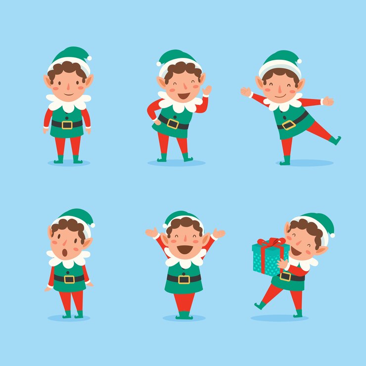 Vettore gratuito set di giocosi elfi di natale. collezione di aiutanti di babbo natale.