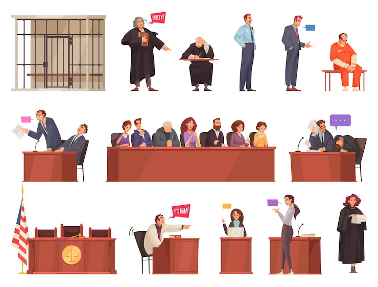 Vettore gratuito set di giustizia legale con icone isolate di tribune in legno e caratteri in stile doodle di illustrazione vettoriale di persone sedute
