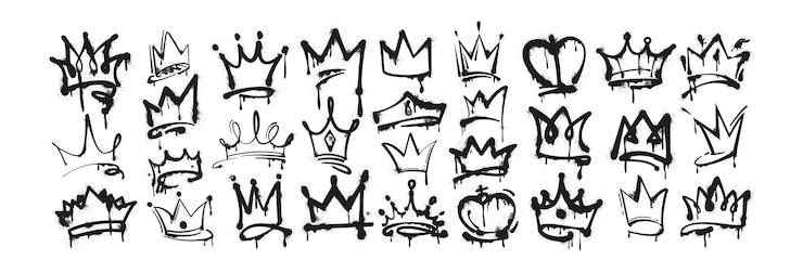 Vettore gratuito set di graffiti a spray con corone di re e tiara di principessa con spruzzi e gocce di inchiostro
