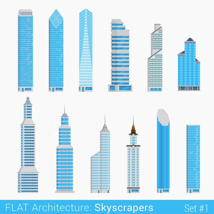 Vettore gratuito set di grattacieli di edifici moderni elementi della città collezione di architettura elegante