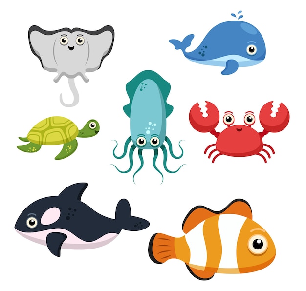 Set di gruppo animale di creature marine, pesce, razza, balena, calamaro, tartaruga, granchio, squalo, pesce pagliaccio su bianco