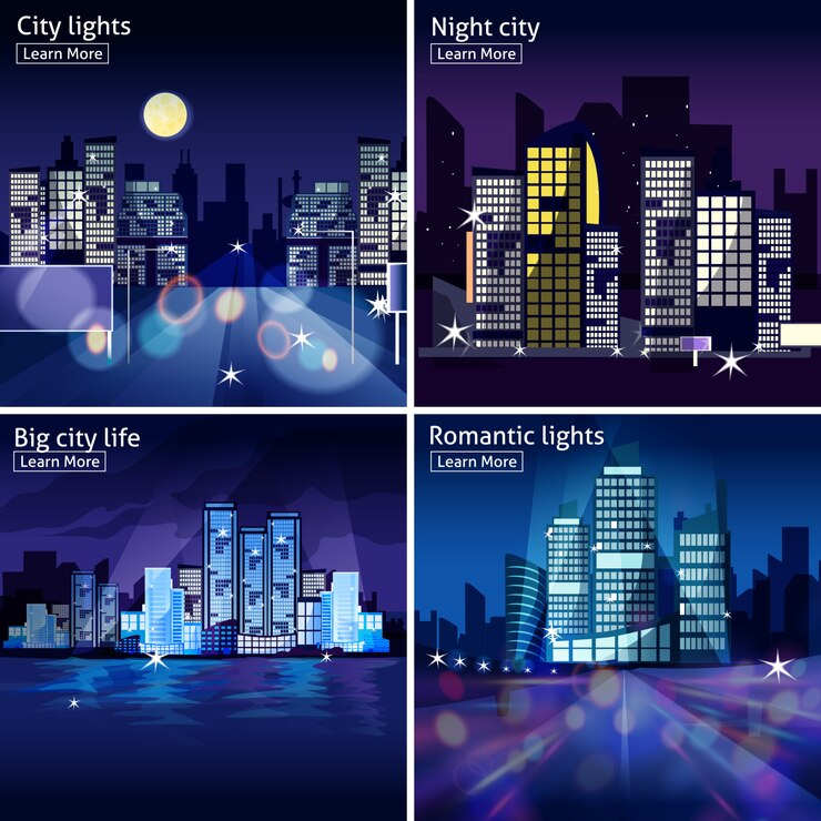 Vettore gratuito set di icone city nightscape
