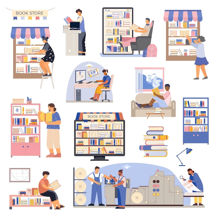 Vettore gratuito set di icone colorate a libro piatto con scaffali di librerie, lettori, acquirenti, negozio online, e illustrazione vettoriale della casa editrice