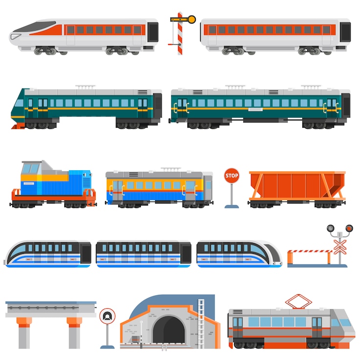 Vettore gratuito set di icone colorate piatte di trasporto ferroviario
