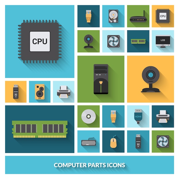 Set di icone decorative parti del computer