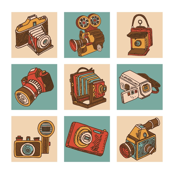 Vettore gratuito set di icone della fotocamera
