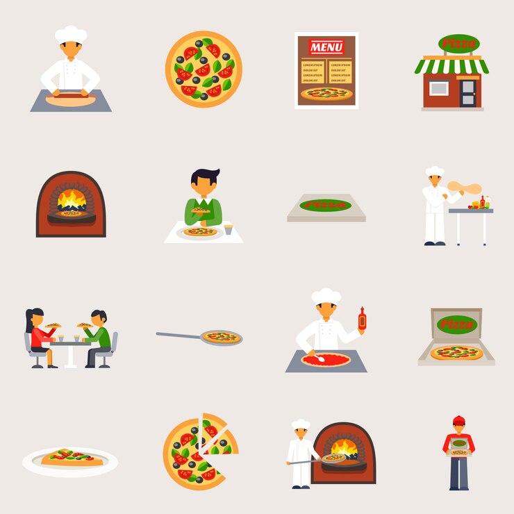 Vettore gratuito set di icone della pizzeria