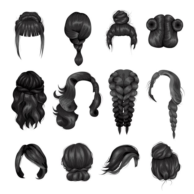 Set di icone di acconciatura donne parrucche indietro
