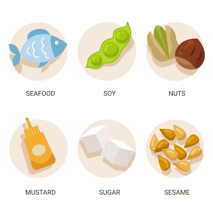 Vettore gratuito set di icone di allergia alimentare design piatto