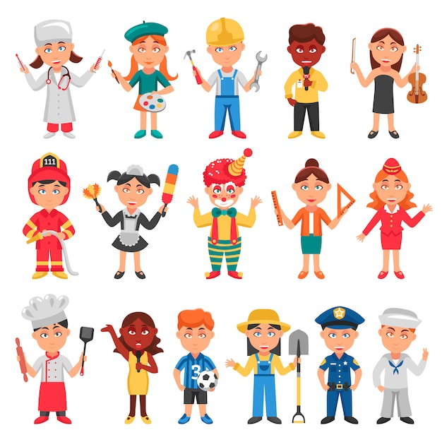 Set di icone di bambini e professioni