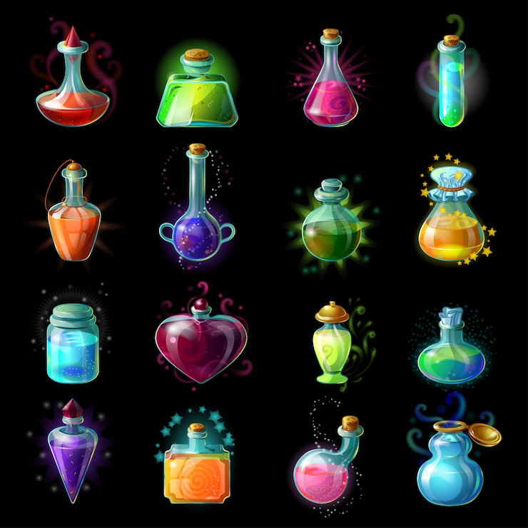 Vettore gratuito set di icone di bottiglie magiche
