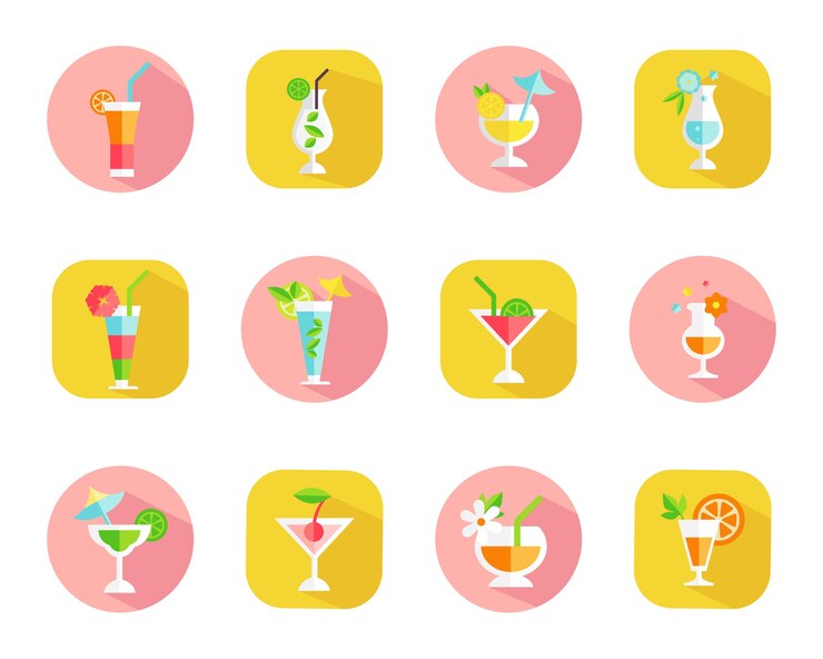 Vettore gratuito set di icone di cocktail tropicali su pulsanti web colorati con cocktail in bicchieri di forma diversa