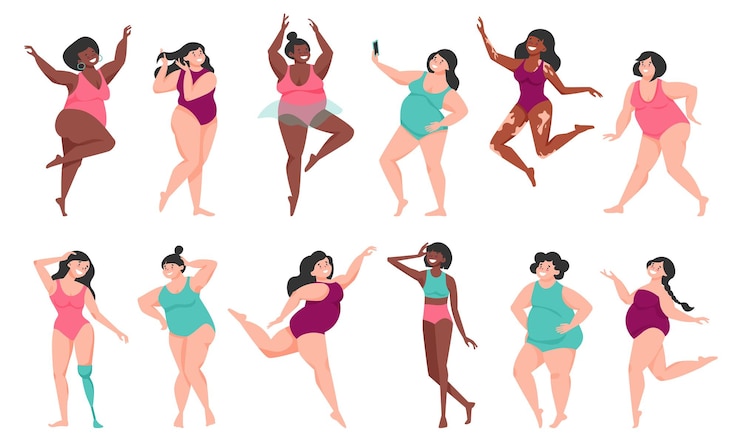 Vettore gratuito set di icone di colore positivo per il corpo le donne in piedi in costumi da bagno con peso e colore della pelle diversi sono ugualmente belle e felici illustrazione vettoriale