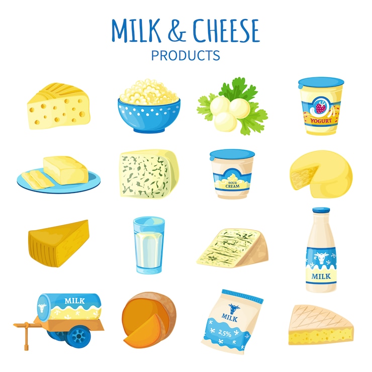 Vettore gratuito set di icone di latte e formaggio