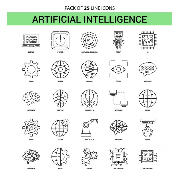 Set di icone di linea di intelligenza artificiale - 25 stile contorno tratteggiato