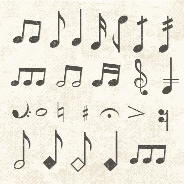 Set di icone di note musicali vintage indossato dal tempo