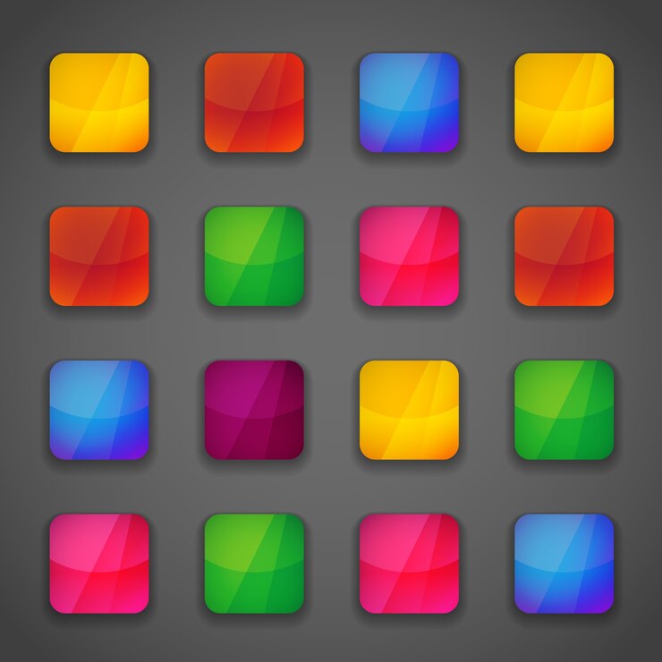 Vettore gratuito set di icone di pulsanti quadrati colorati per il tuo design in vividi colori luminosi dell'arcobaleno
