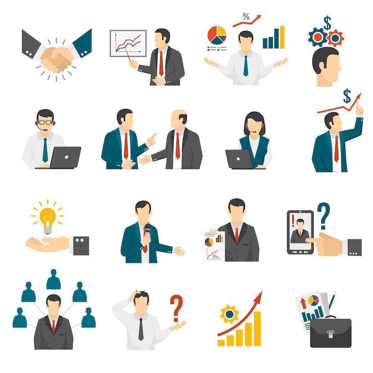 Vettore gratuito set di icone di servizio di consulenza di formazione aziendale.