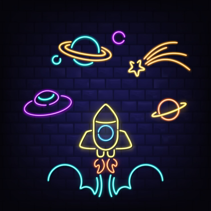 Vettore gratuito set di icone di spazio al neon, razzo, ufo, pianeta saturno e segni di comete