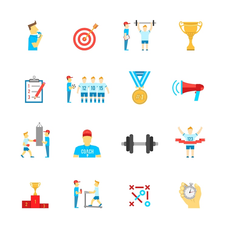 Vettore gratuito set di icone di sport di coaching