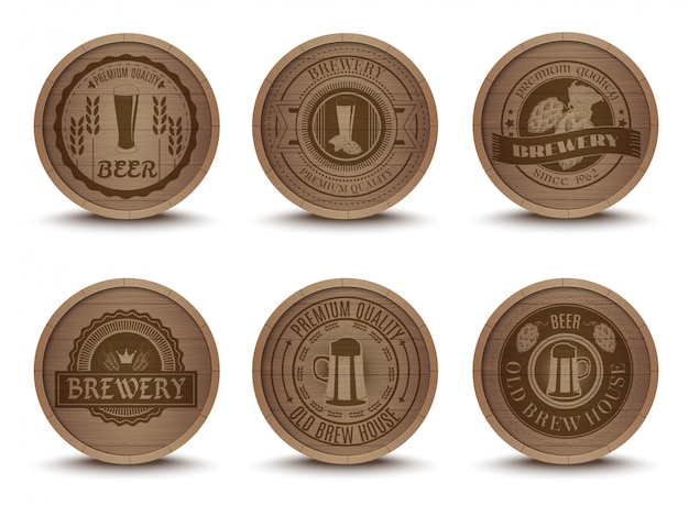Set di icone di stuoie emblemi birra in legno