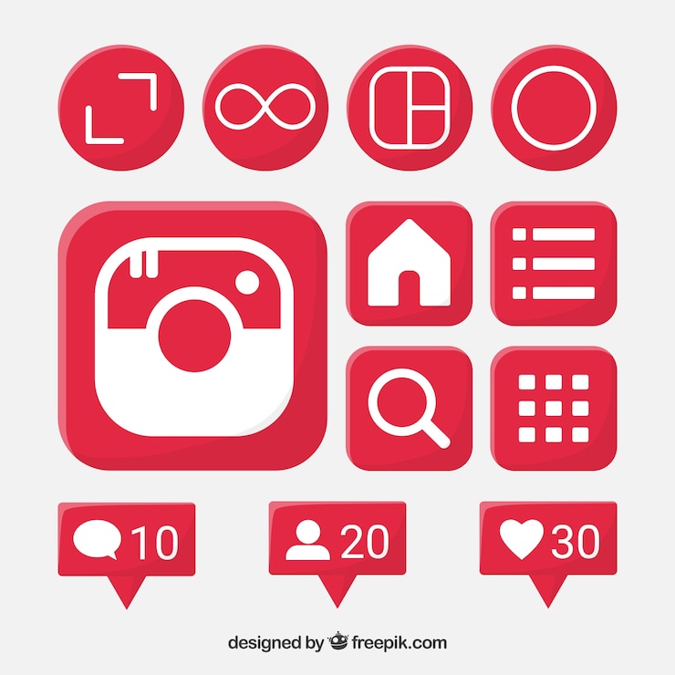 Vettore gratuito set di icone e notifiche di instagram piatte