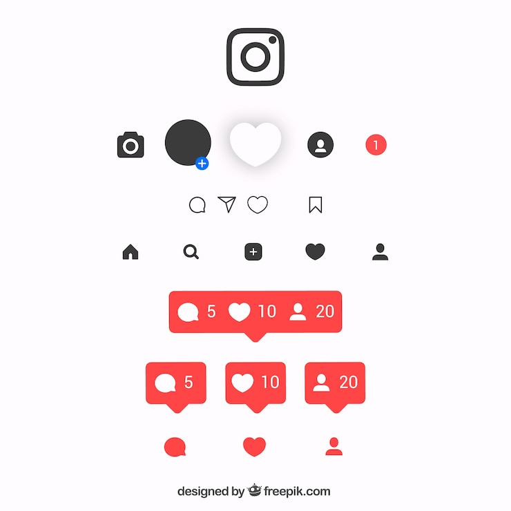 Vettore gratuito set di icone e notifiche di instagram piatte