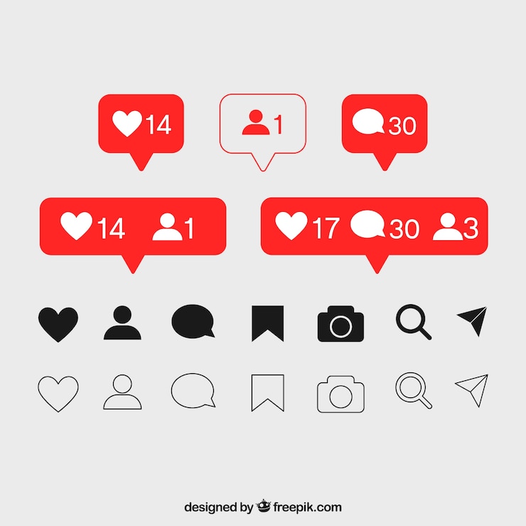 Vettore gratuito set di icone e notifiche di instagram piatte