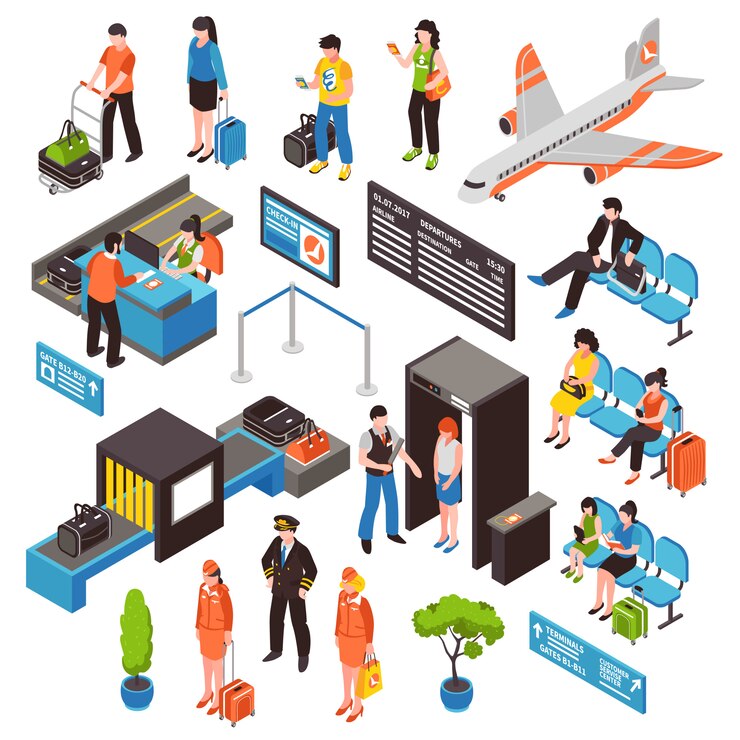Vettore gratuito set di icone isometriche aeroporto