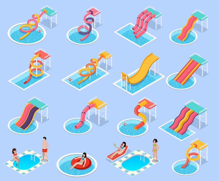 Vettore gratuito set di icone isometriche aquapark parco acquatico