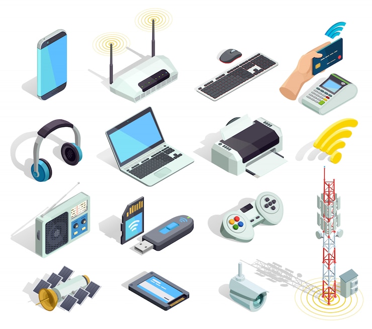 Vettore gratuito set di icone isometriche di dispositivi di tecnologia wireless