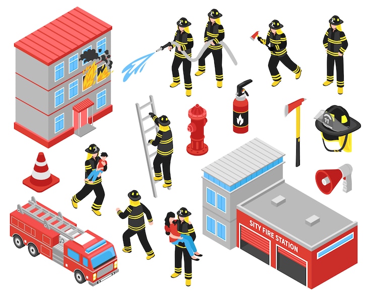 Vettore gratuito set di icone isometriche di vigili del fuoco